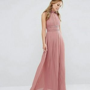 TFNC dusky pink pleated maxi dress w lace details