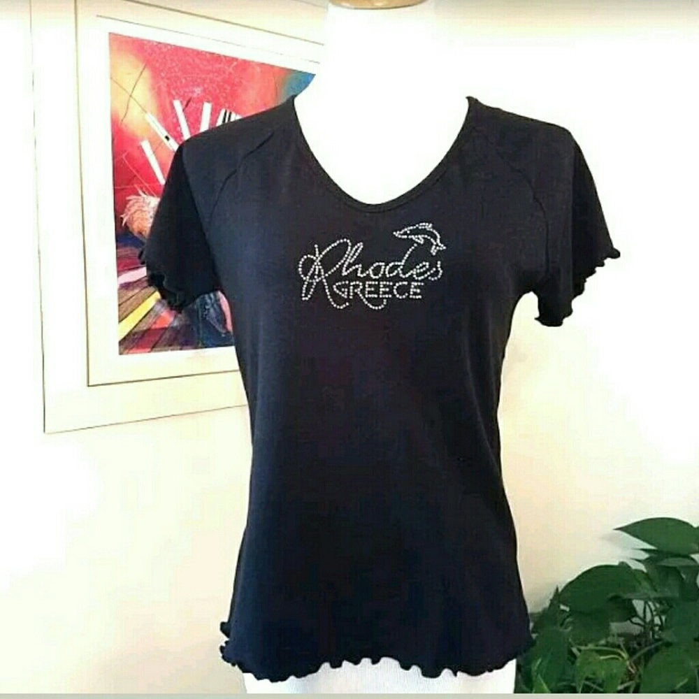 Frilly Black Rhodes Greece T-shirt/Sparkly Bling