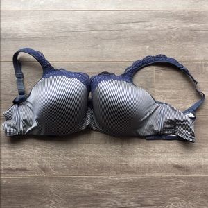 Navy striped bra with lace detail