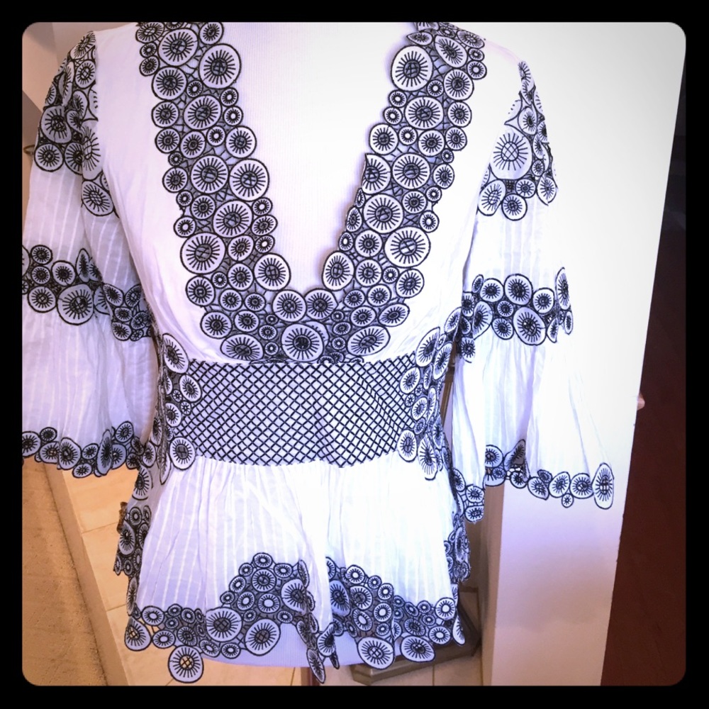 Catherine Malandrino White/Black Embroidered Top