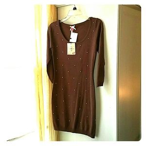 Brown sweater dress w/ gold studded accents NEW! M