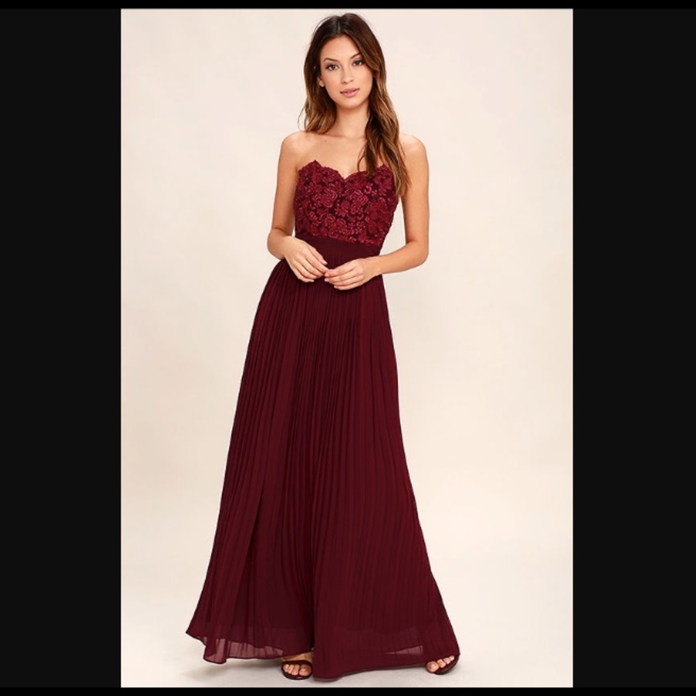 Special Day Burgundy Lace Strapless Maxi Dress