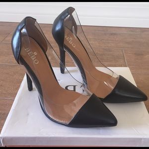 Black Faux Leather Clear Heels