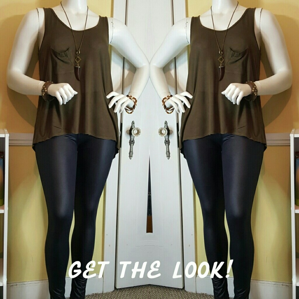 Tank top and liquid leather pants.