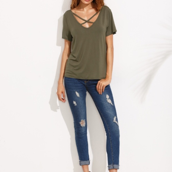 New Army Green Cross Front Top XS - Picture 2 of 3