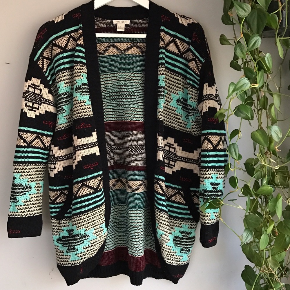blue, tan, black aztec geometric sweater cardigan