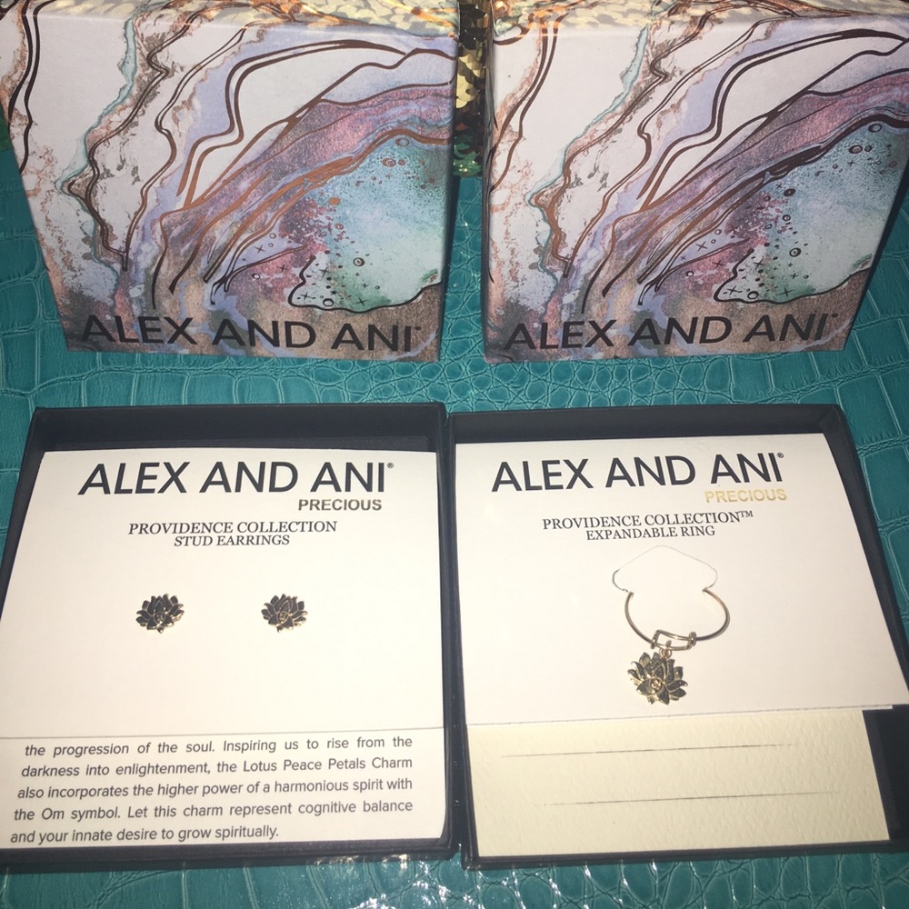 Alex & Ani lotus peace ring and earrings