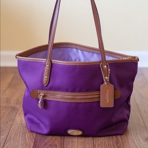 Coach fabric shoulder bag, purple and tan