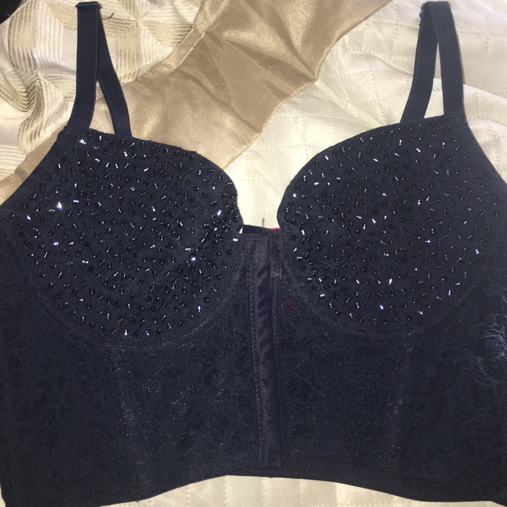 Beaded navy blue bustier bralette crop top