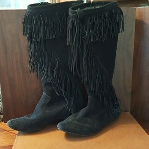 SAM EDELMAN BLACK FRINGED LEATHER BOOTS SZ 8.5