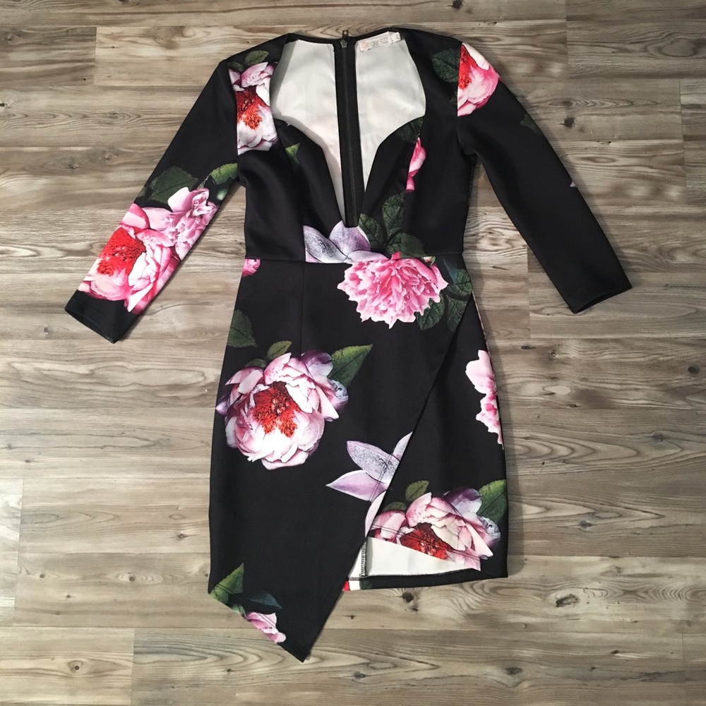 Floral Print Plunge Scuba Dress