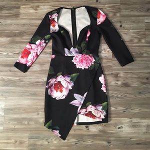 Floral Print Plunge Scuba Dress