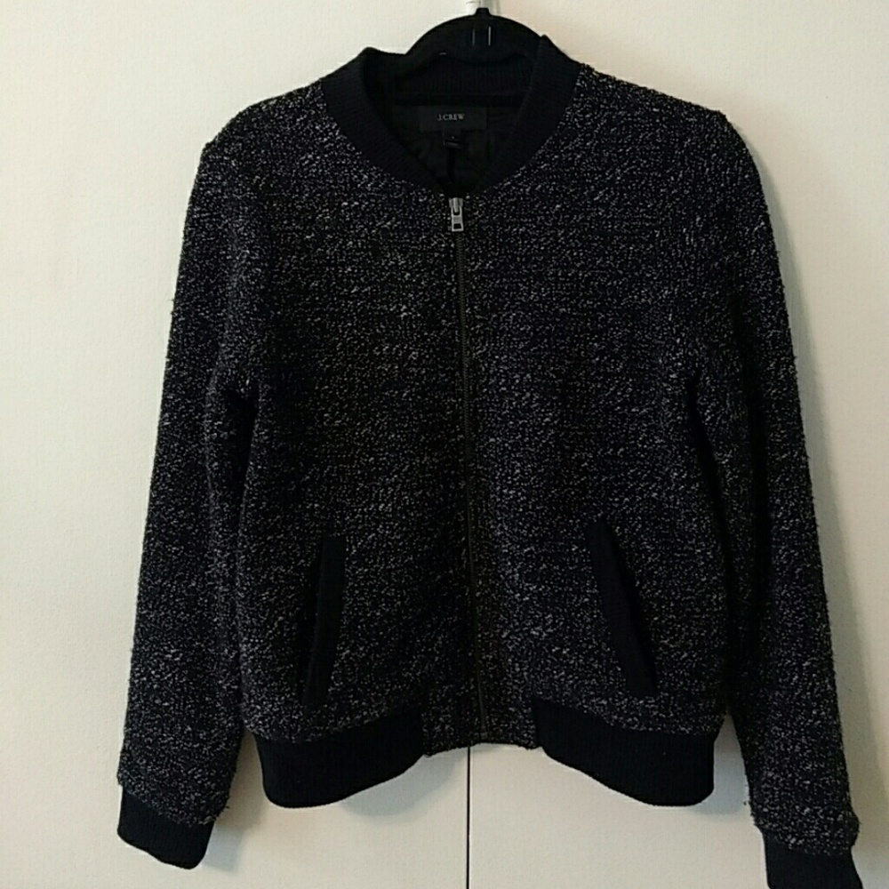 J Crew Black Tweed Bomber Jacket