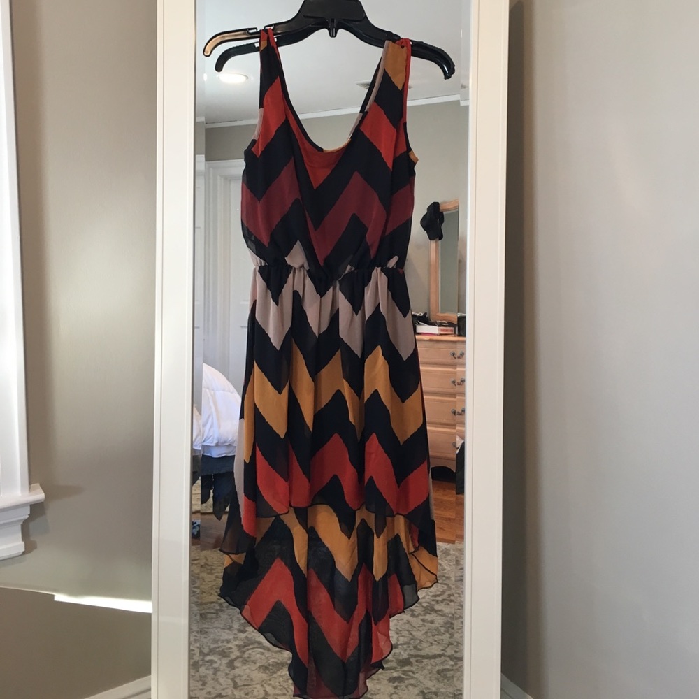 Multi-color dress, shorter length in front