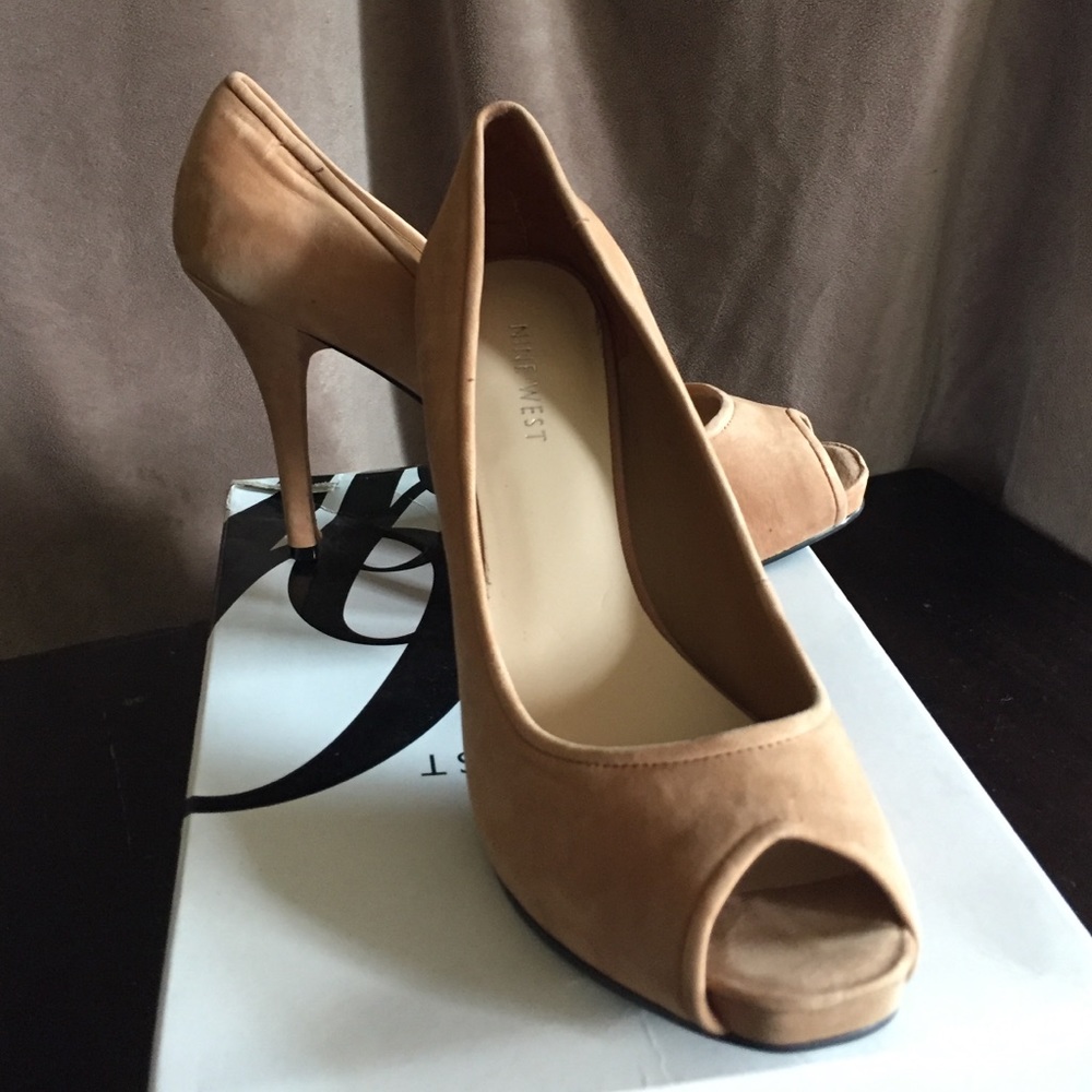 nine west jai, dark natural suede open toe heel