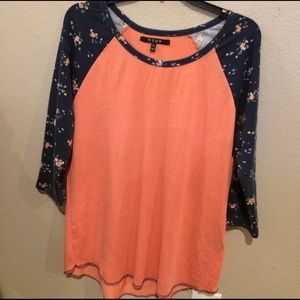 Coral Raglan with Navy Floral Sleeves