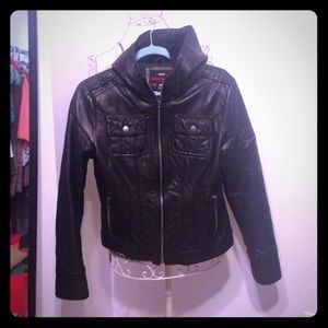 Vegan leather moto jacket with hood