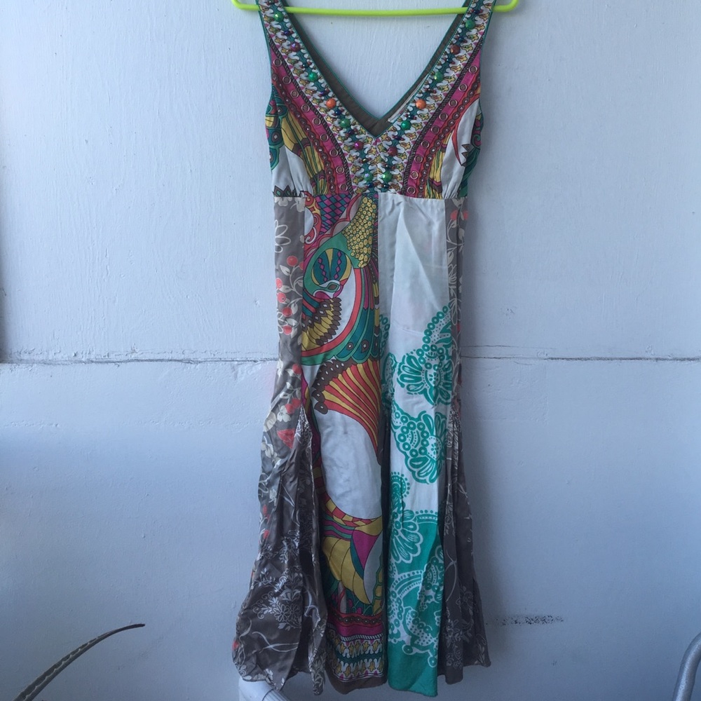Womans L DERHY dress beads bright colors tie waist