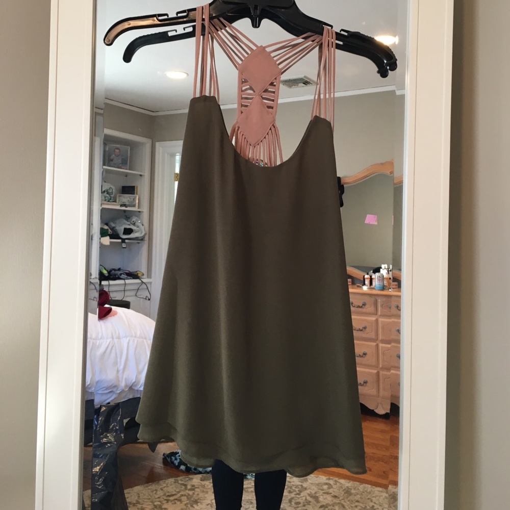 Olive green blouse with neutral straps