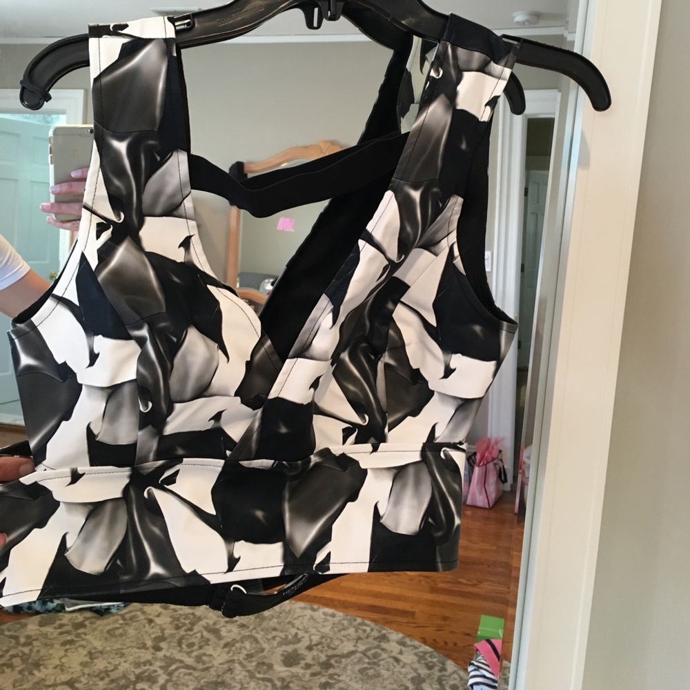 Leather, floral pattern open back crop top