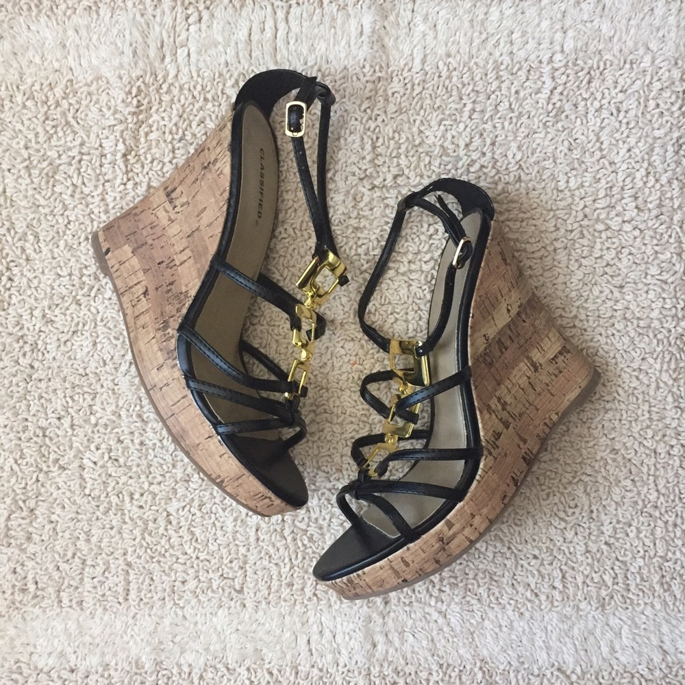 Black wedge sandals, size 8