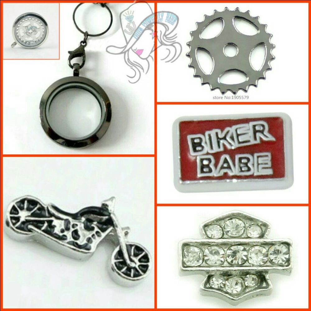 Harley Biker Babe Black Floating Locket + 4Charms