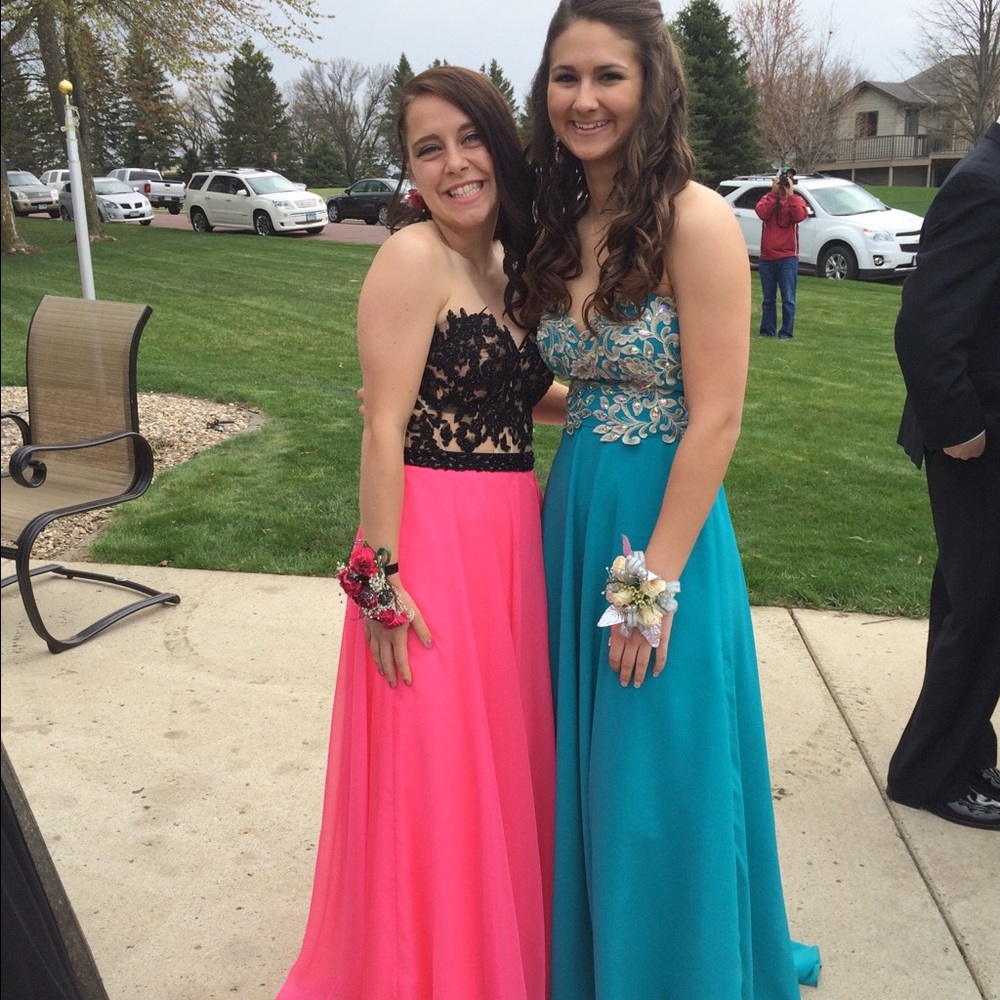 Pink and black long prom dress