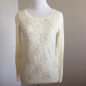 LOFT ivory with flower overlay sweater