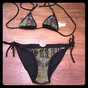 Fredericks black gold and silver studded bikini