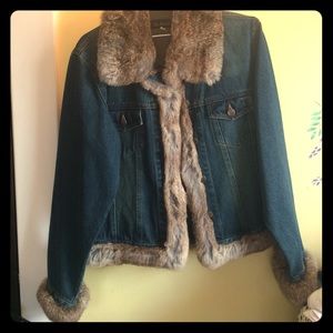 Jean jacket trimmed with rabbit fur