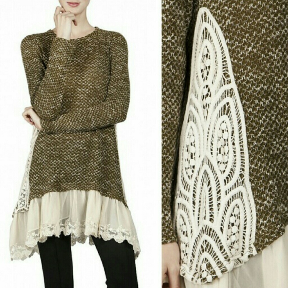 NWT Ryu Olive and Ivory Lace Sweater Dress