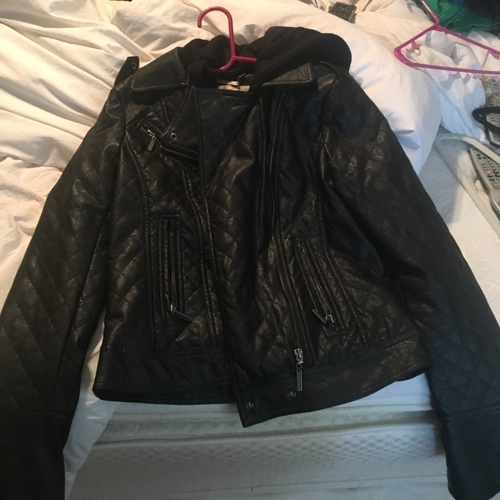 Black leather jacket with hood size Medium