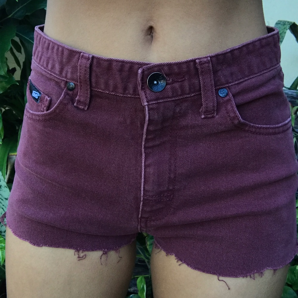 Burgundy high waisted vans shorts with raw cut