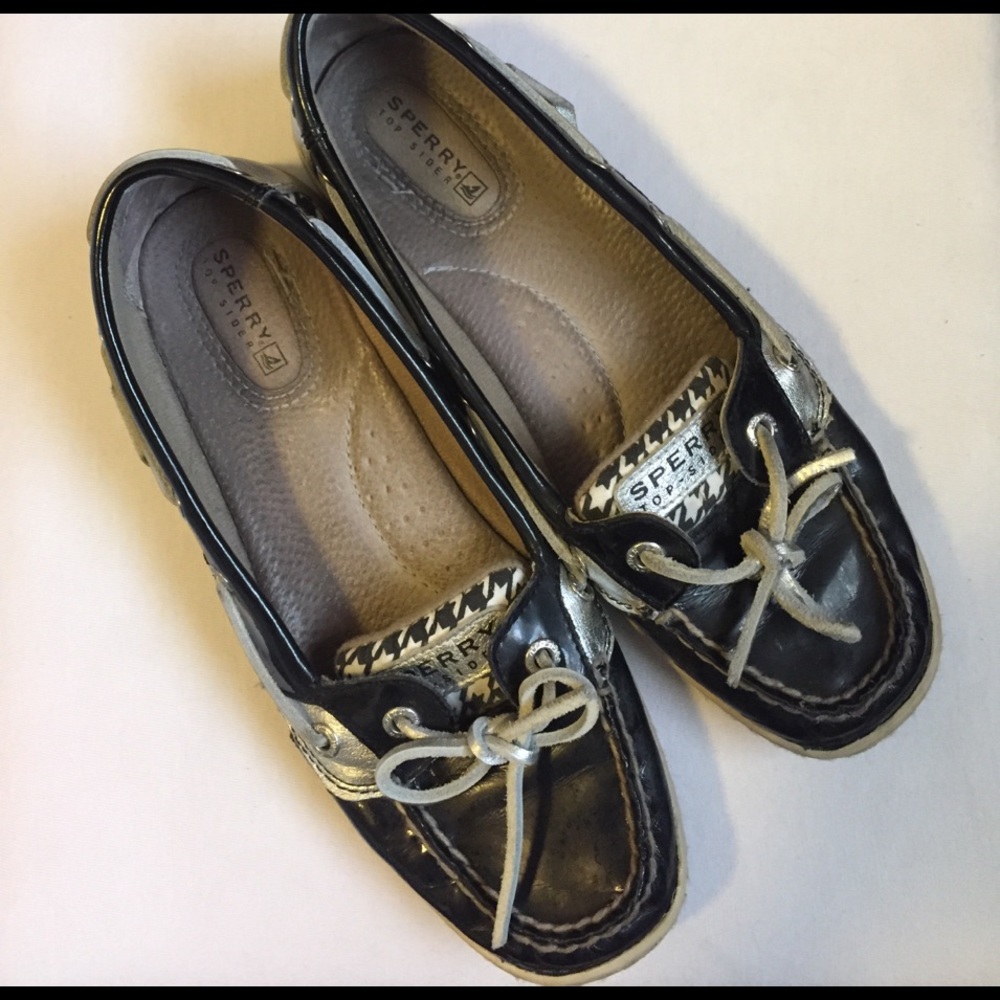 Black patent leather and houndstooth Sperrys