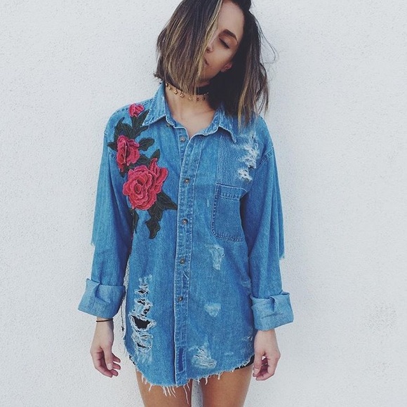 LF Tops - SOLD LF Furst of a Kind rose embroidered chambray