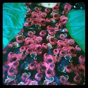 Black, red, and blue floral flare dress.