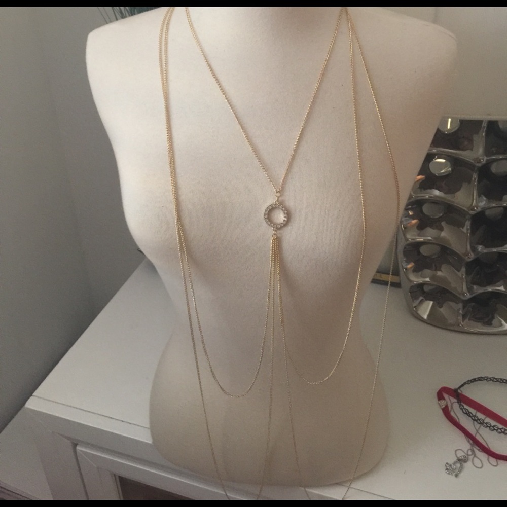 Gold body necklace rhinestones circle NEW - Picture 1 of 5