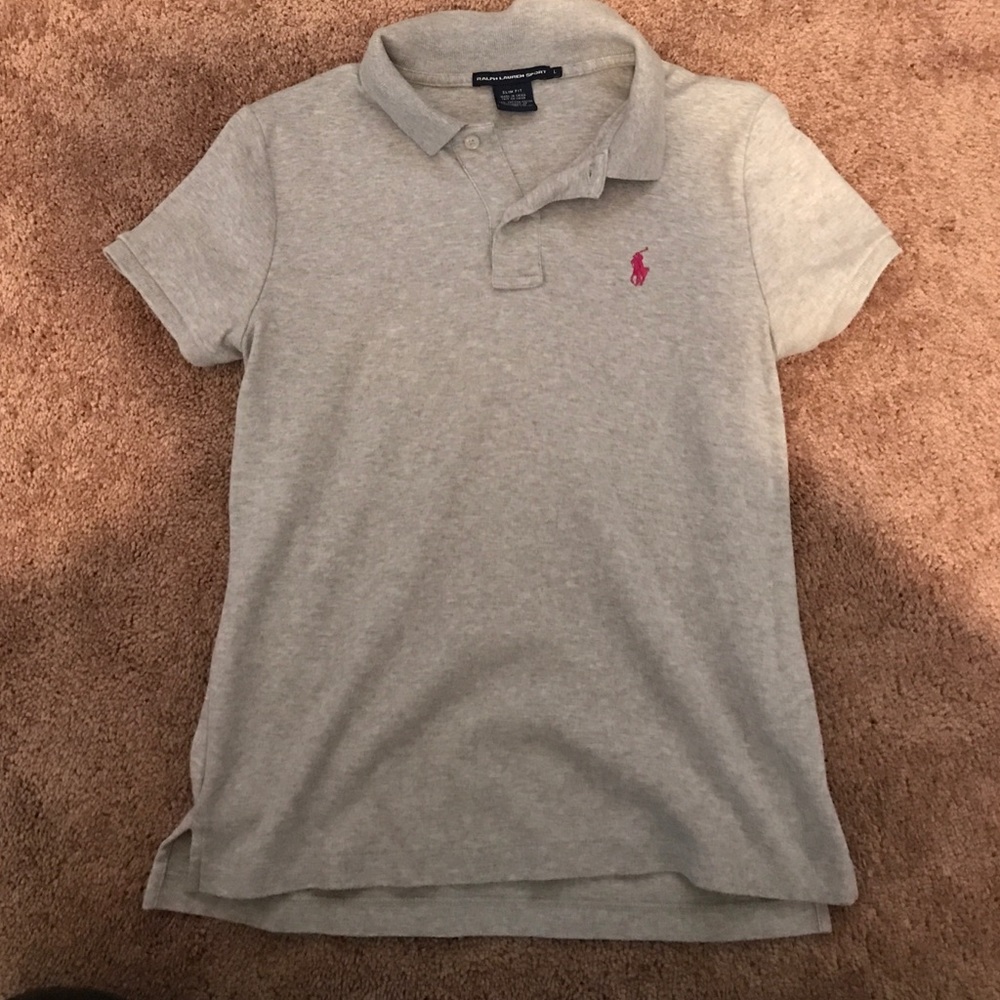 Gray polo with pink logo