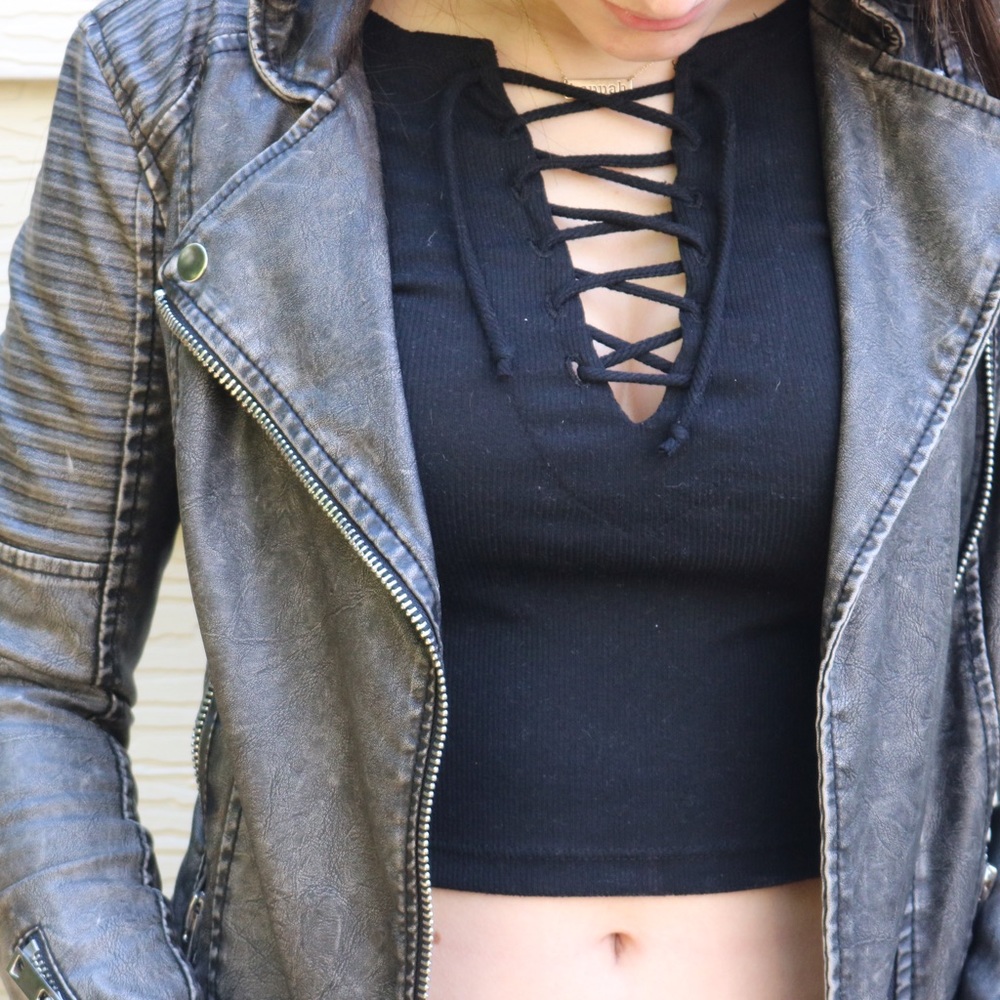 vegan distress black/ gray leather jacket