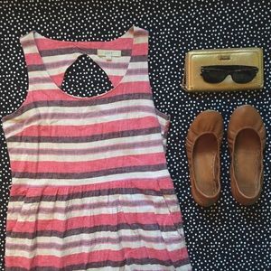 {LOFT} Keyhole Back Pink Striped Linen Sun Dress