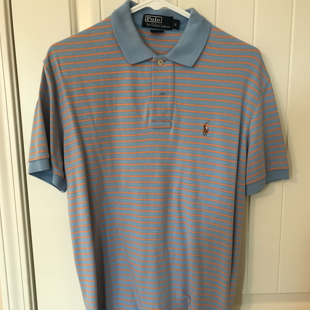 Super soft Polo blue with orange stripe size small