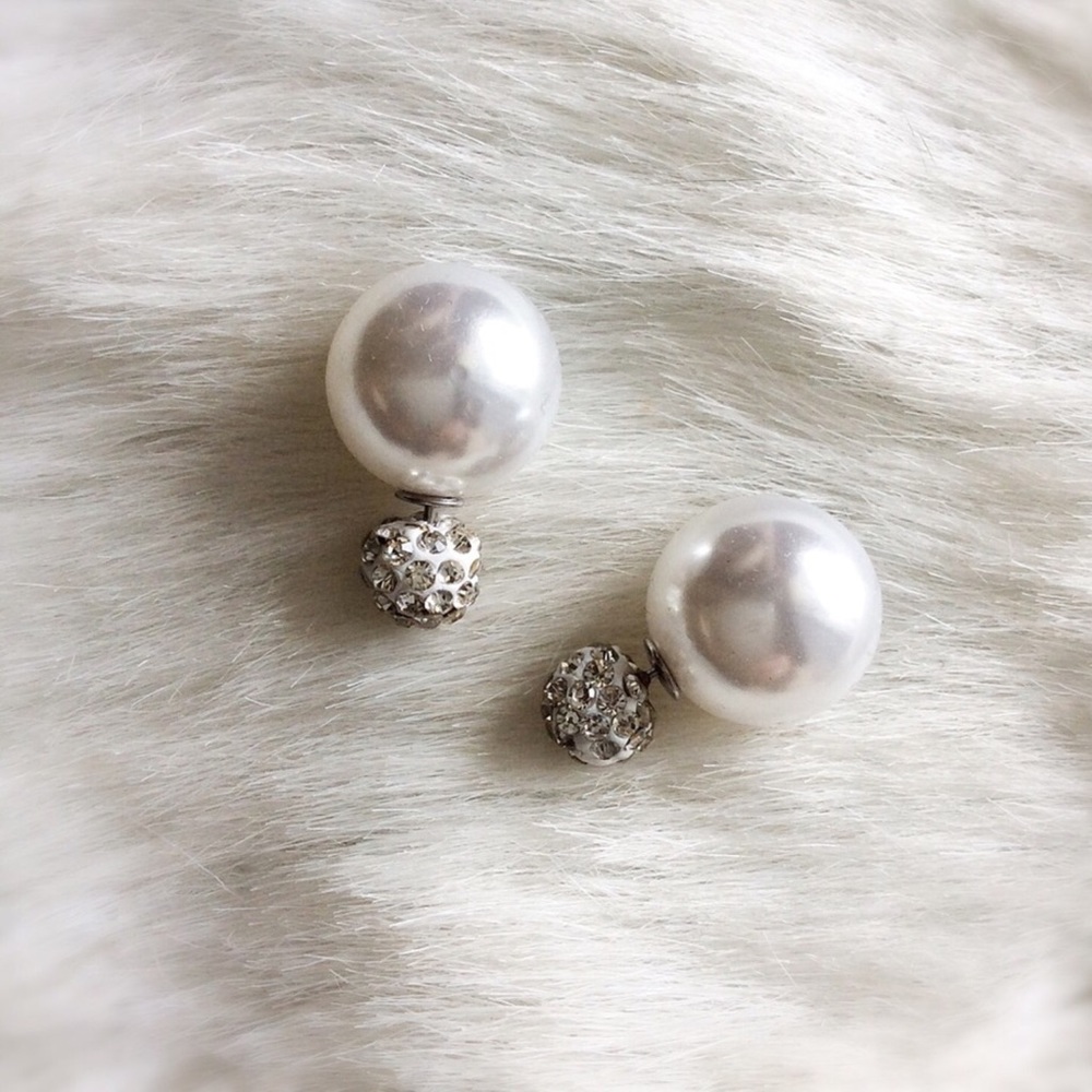 Elegant Double-Sided Crystal Ball Earrings ~ Pearl