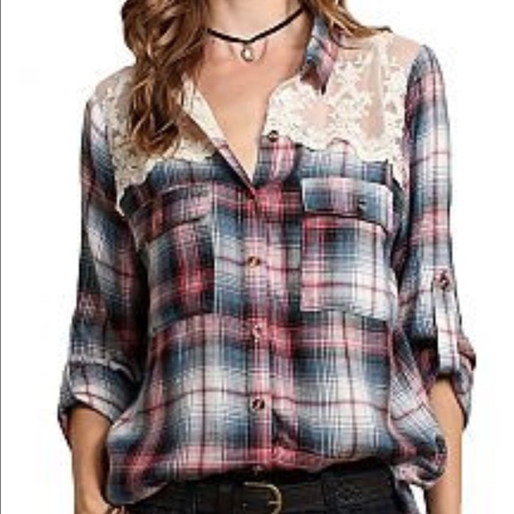 Pretty plaid and lace button up - Picture 1 of 2