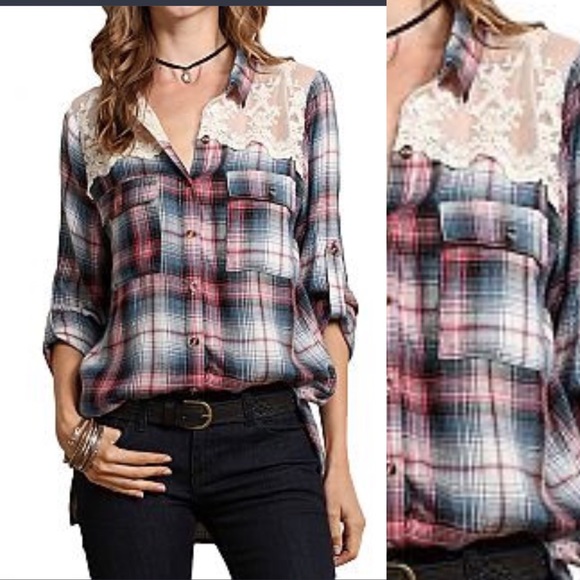 Pretty plaid and lace button up - Picture 2 of 2