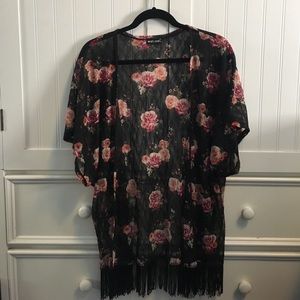 Black Lace Rose Print Tassel Kimono