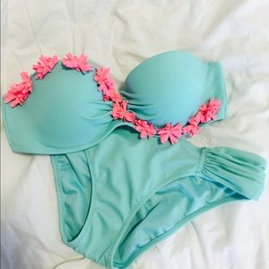 Teal w/ pink flowers bandeau swimsuit