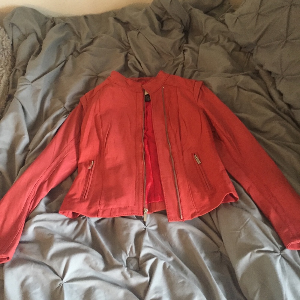 Red, Genuine leather, Michael Kors leather jacket