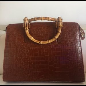 Brown embossed leather & bamboo purse