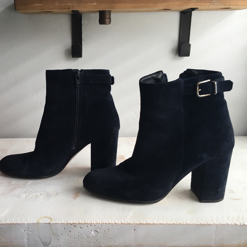 J. Crew Navy blue suede ankle boots with buckle