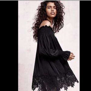Anthropologie Satin Lace Hem Off The Shoulder Top Anthropologie Satin Lace Hem Off The Shoulder Top